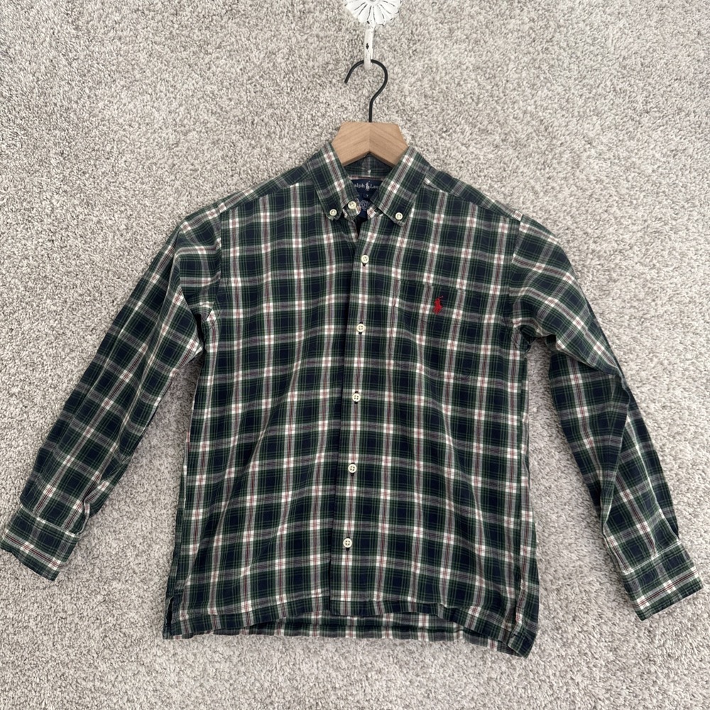 POLO RALPH LAUREN youth boys plaid‎ green long sleeve shirt sz 7 Holiday